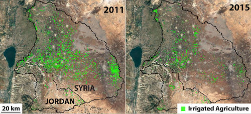 Irrigated land area in the Yarmouk River Basin in 2011 (left) and 2015 (right).